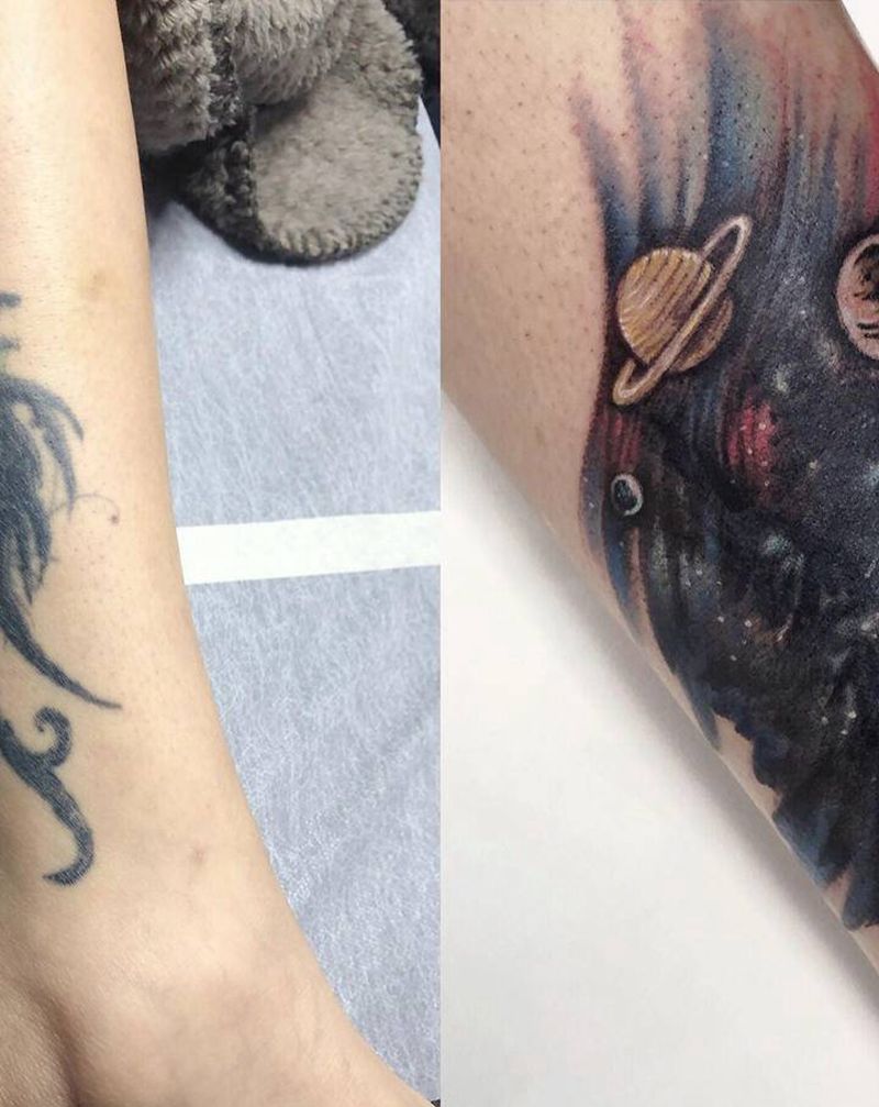 遮盖不开心纹身图片_腿部水彩水墨纹身图案