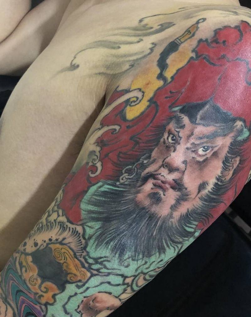 武财神赵公明纹身图片_手部手臂水墨新传统纹身图案