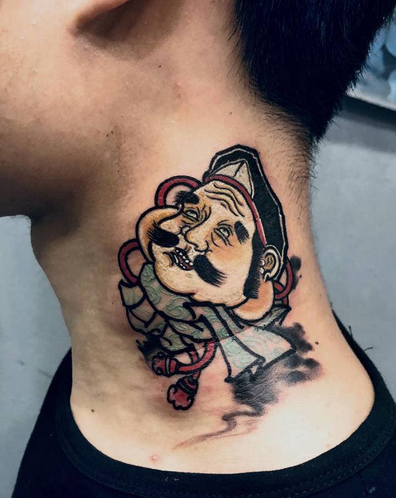 日式福神小图纹身图片_颈部老传统新传统纹身图案