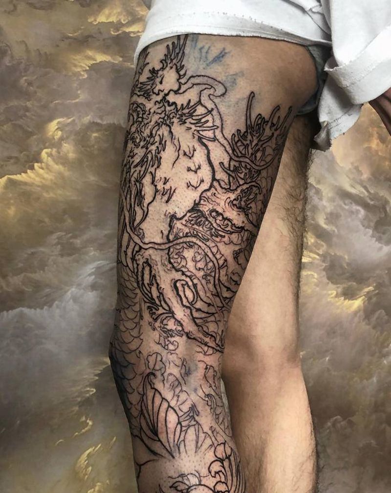 花腿线条纹身图片_脚部腿部新传统纹身图案