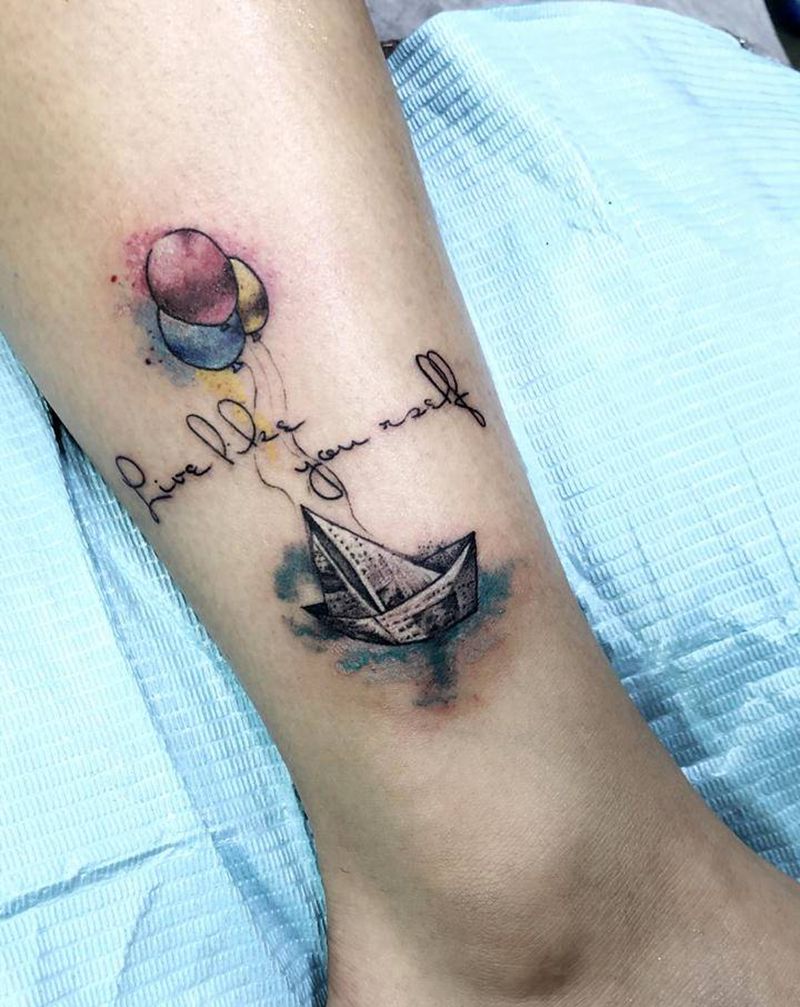 水彩帆船纹身图片_腿部脚部水彩纹身图案