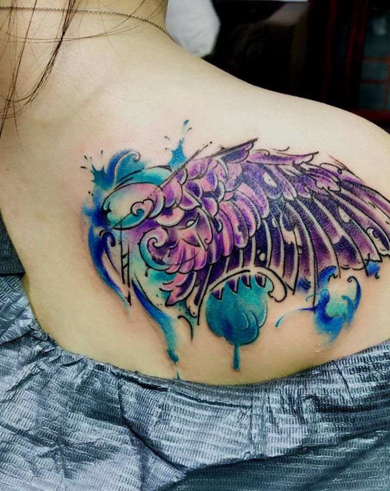 水彩翅膀纹身图片_背部肩部水彩水墨纹身图案