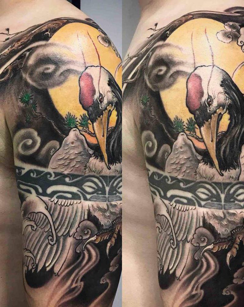 传统仙鹤纹身图片_手部手臂新传统纹身图案