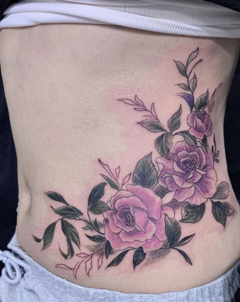 花纹身图片_腰部彩色腰花纹身图案