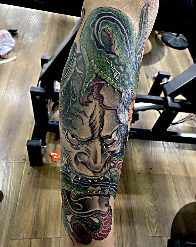 新传统般若纹身图片_腿部纹身图案