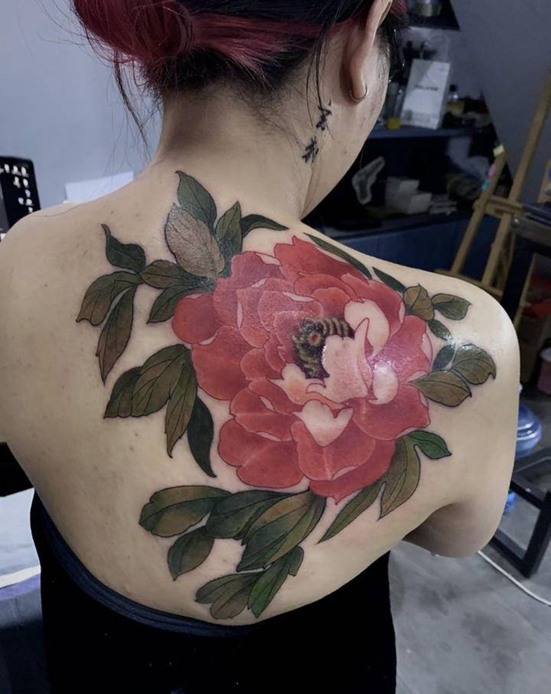 送你一朵纹身图片_肩部牡丹纹身图案