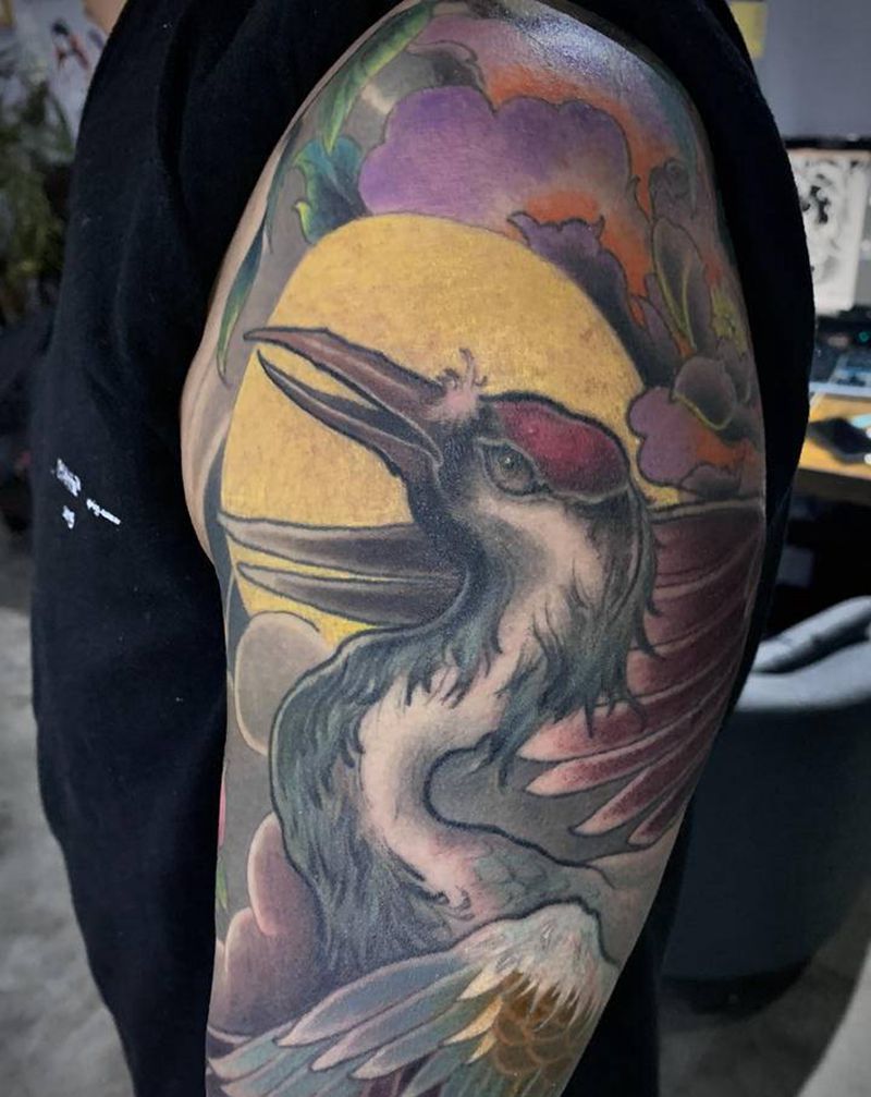 传统仙鹤花臂纹身图片_手臂仙鹤花臂纹身图案