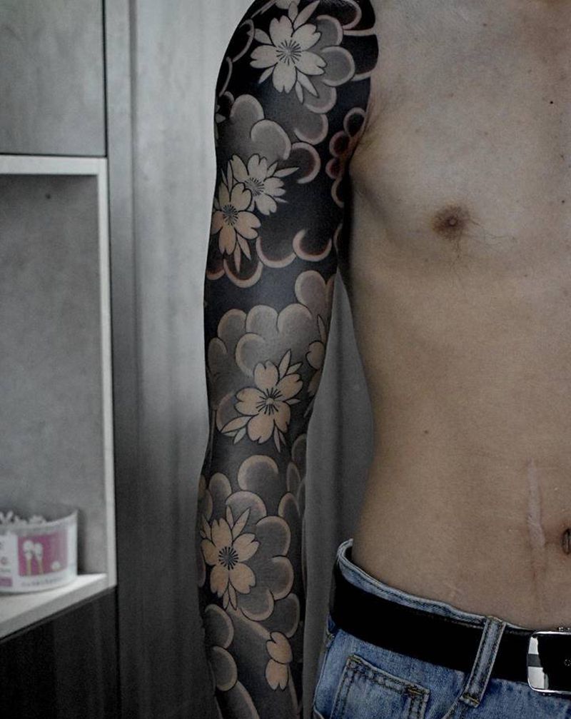 樱花臂纹身图片_手臂老传统纹身图案