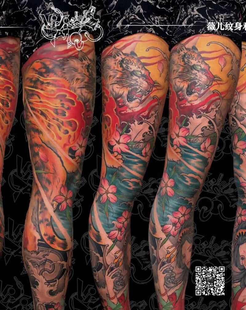 传统花腿。爬山虎纹身图片_腿部新传统纹身图案