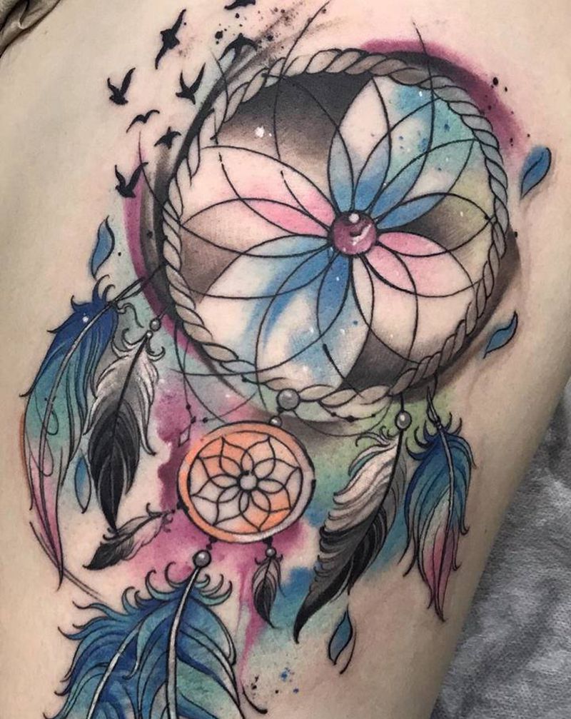 捕梦网纹身图片_腿部水彩纹身图案