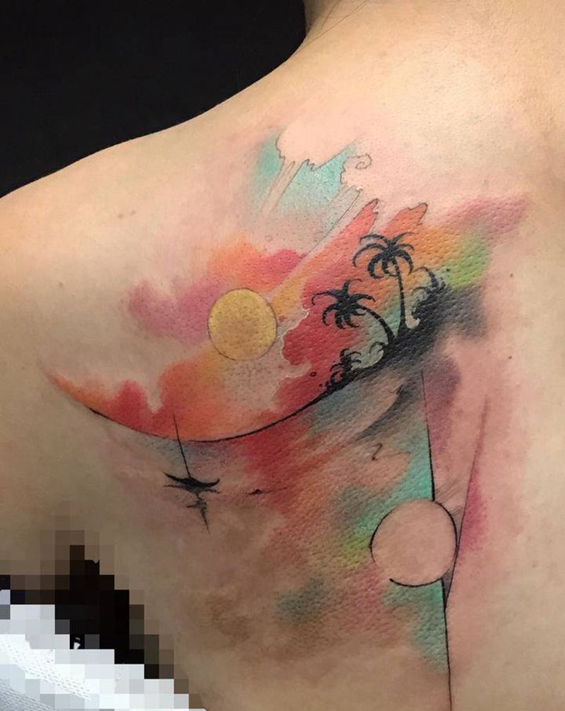 水彩日落纹身图片_肩部水彩纹身图案