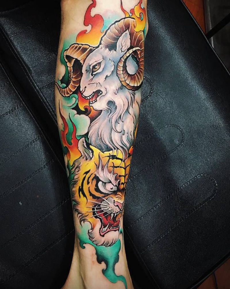 生肖虎羊纹身图片_腿部水彩纹身图案