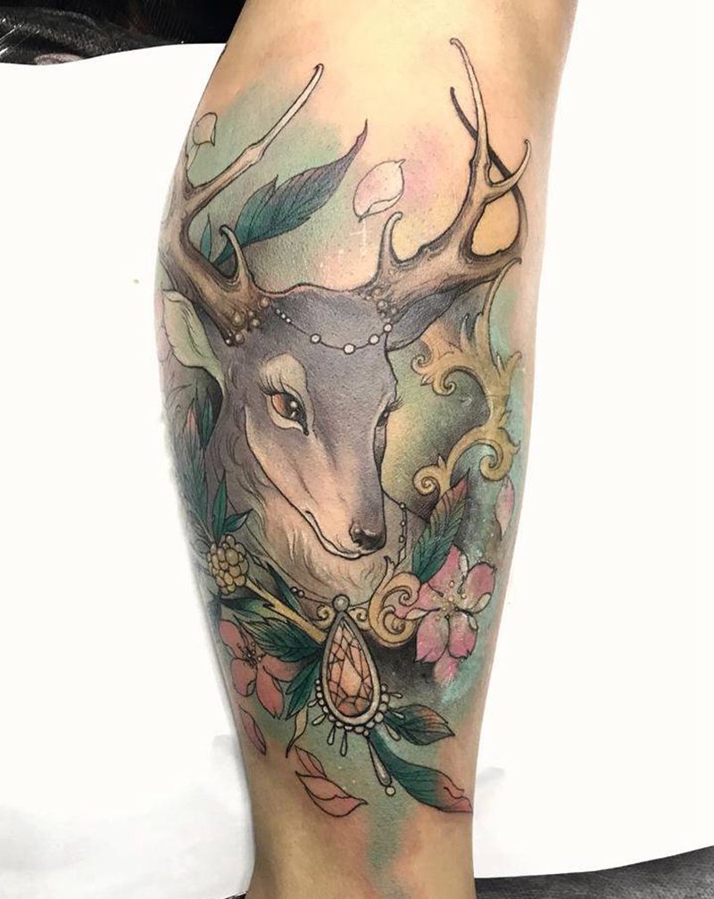 麋鹿纹身图片_腿部水彩纹身图案