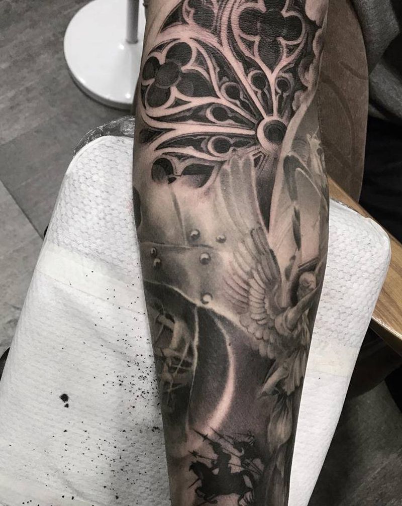 战争之神 雅典娜纹身图片_腿部欧美写实纹身图案