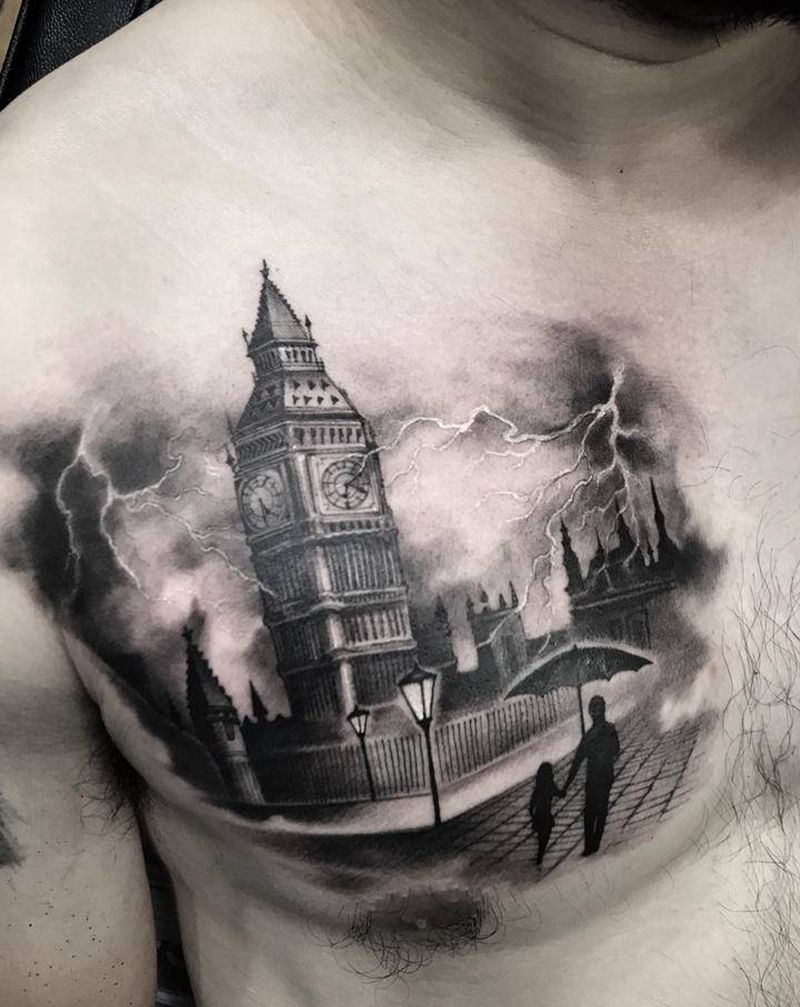 纪念 父女 老人纹身图片_胸部背部欧美写实纹身图案