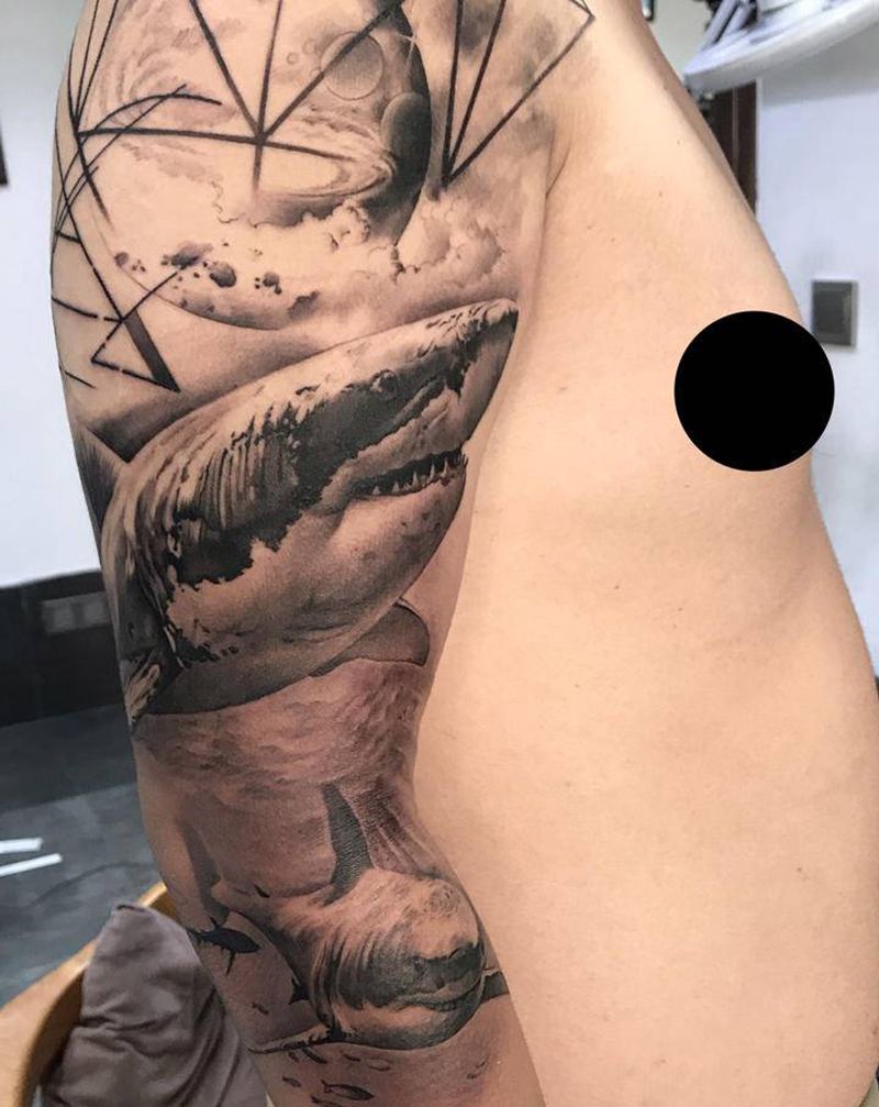 写实花臂 鲨鱼shark纹身图片_手臂欧美写实纹身图案