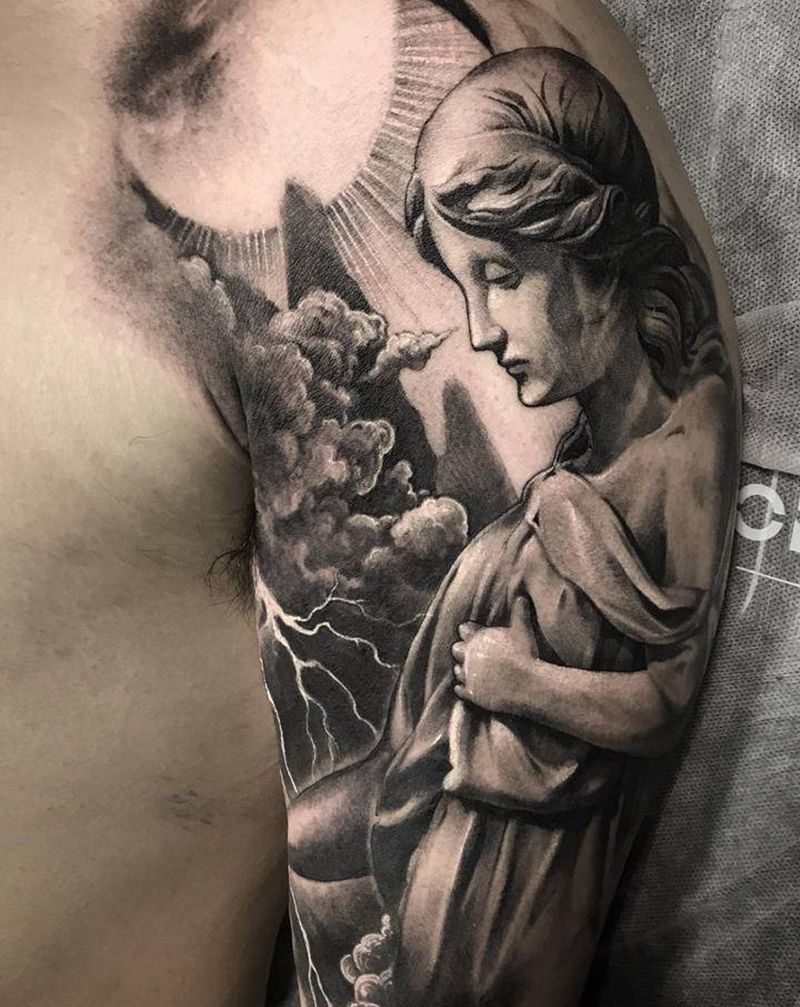 写实花臂 天使雕像纹身图片_手臂欧美写实纹身图案