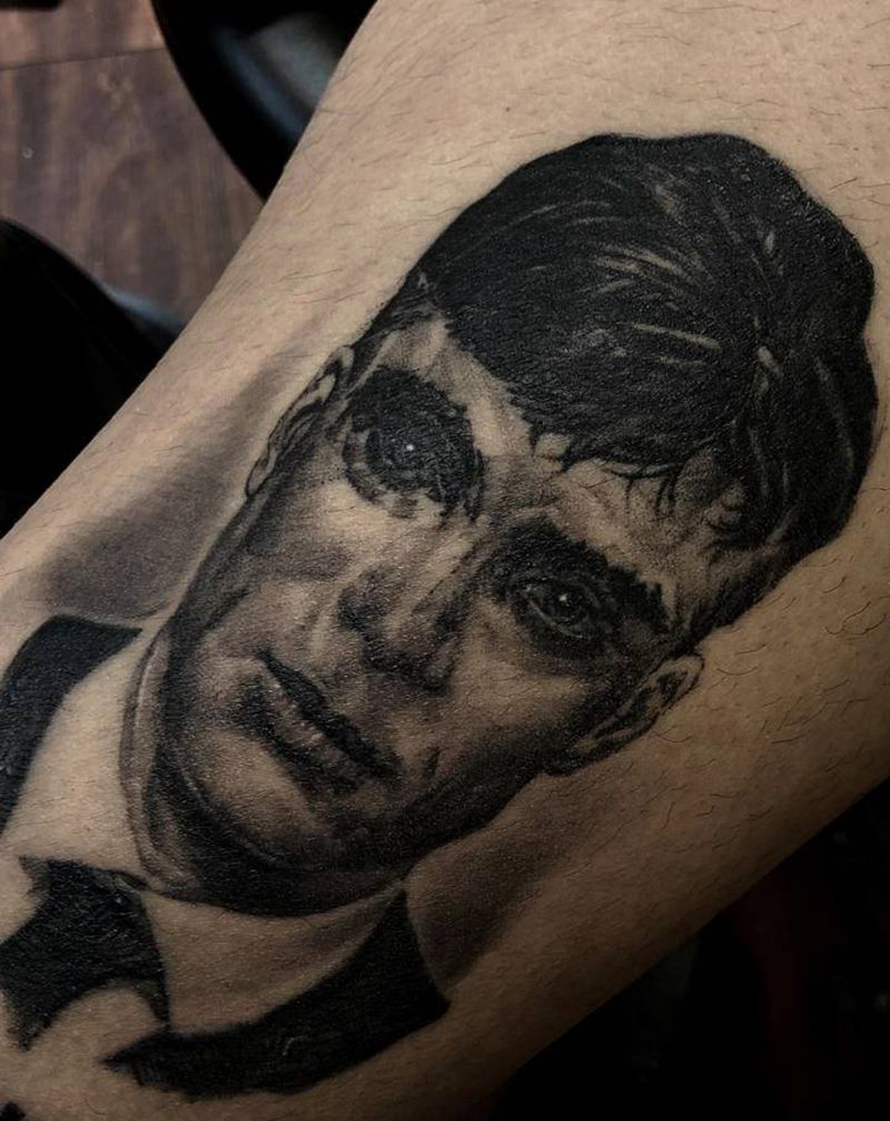 还没完全恢复好的纹身图片_腿部欧美写实浴血黑帮谢尔比剃刀党纹身图案