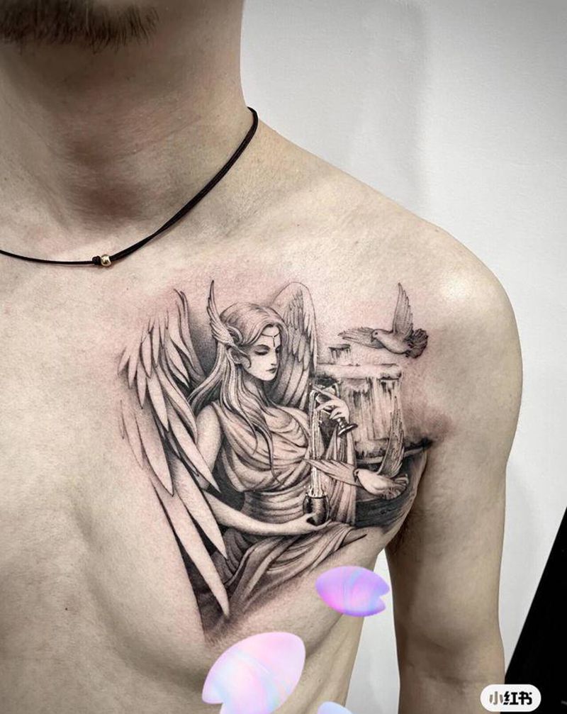 圣杯 天使纹身图片_胸部欧美写实纹身图案