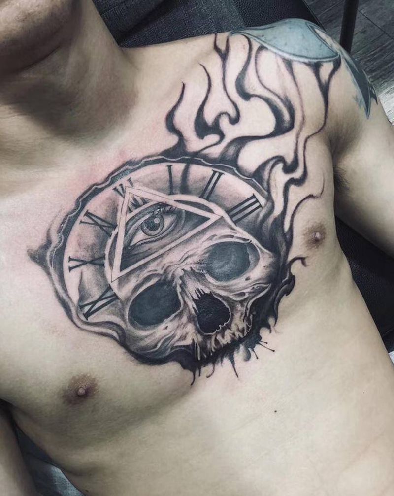 骷髅花胸纹身图片_胸部欧美写实骷髅 时钟纹身图案