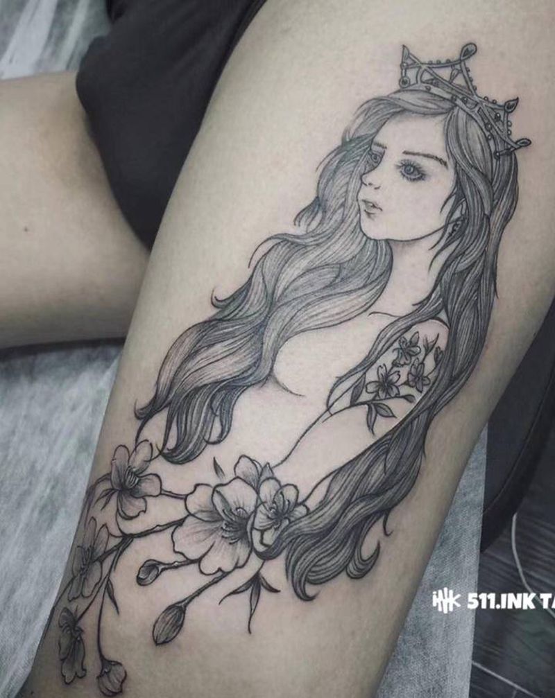 女王肖像纹身图片_腿部欧美写实肖像女王纹身图案