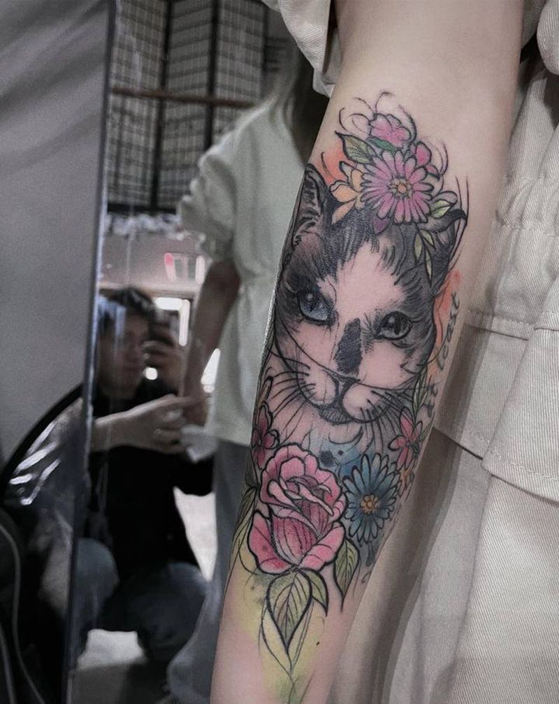 猫咪纹身图片_手臂水彩猫纹身图案