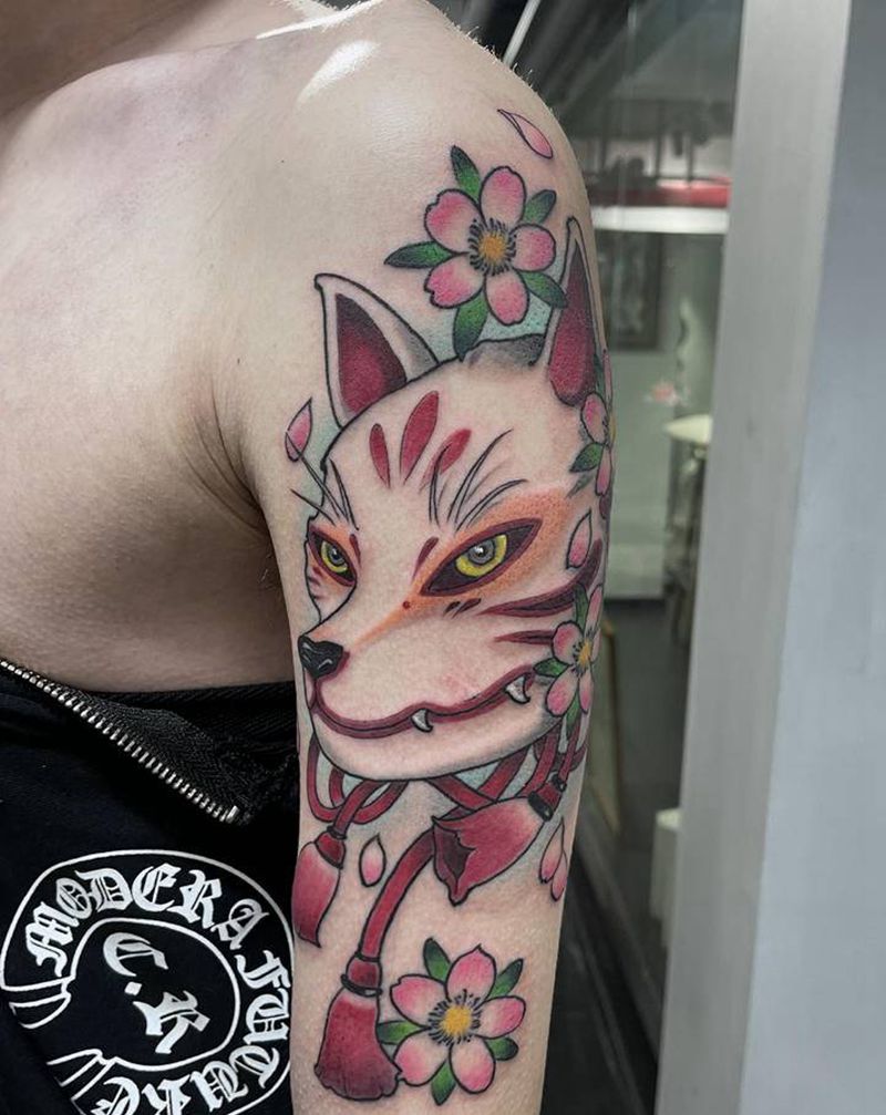 天狐纹身图片_手臂狐面纹身图案