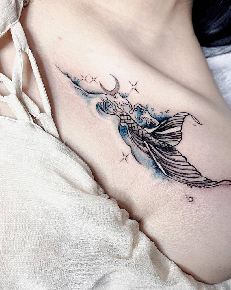 鲸鱼纹身图片_肩部胸部点刺纹身图案