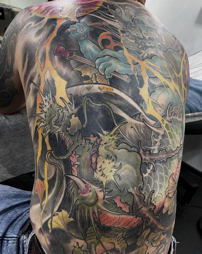 雷神纹身图片_新传统雷神龙纹身图案