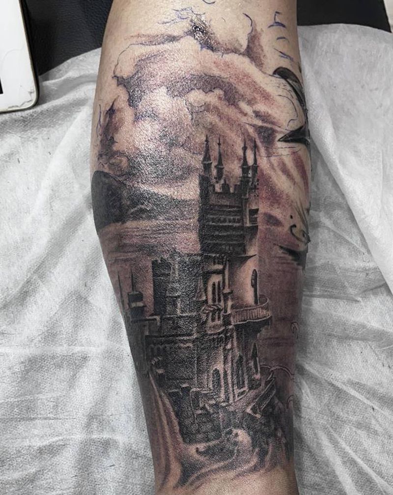 城堡纹身图片_腿部欧美写实城堡纹身图案