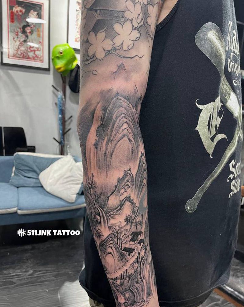 山水纹身图片_手臂中国风山水纹身图案