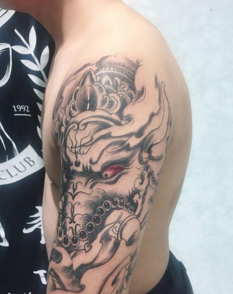 大臂象神纹身图片_手臂新传统纹身图案