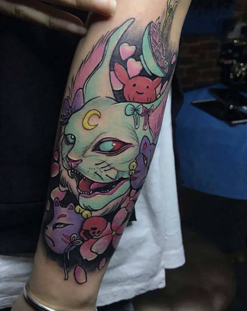 猫纹身图片_手臂新传统水彩纹身图案