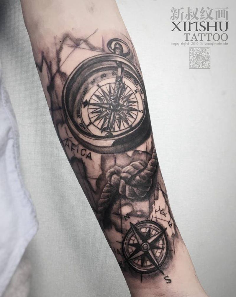 航海主题小花臂纹身图片_手臂欧美写实纹身图案