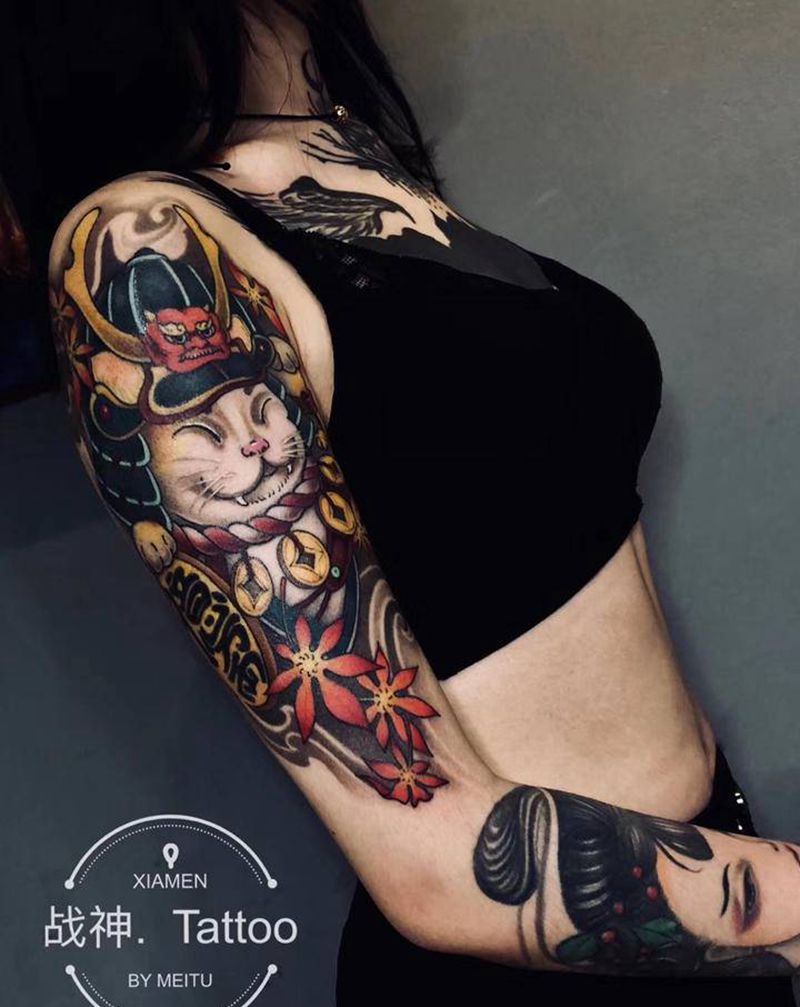 招财猫纹身图片_手臂新传统纹身图案