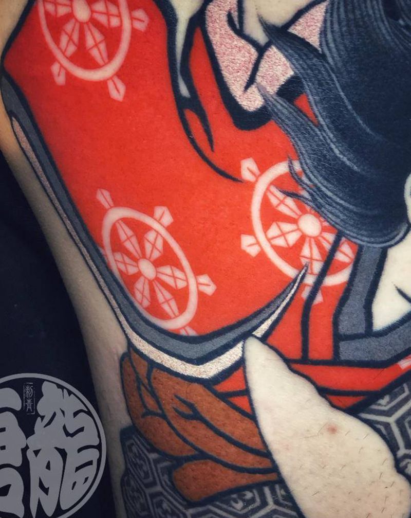 鬼若丸治锦鲤•唐龍毛毛纹身图片_腿部老传统鬼若丸 锦鲤纹身图案