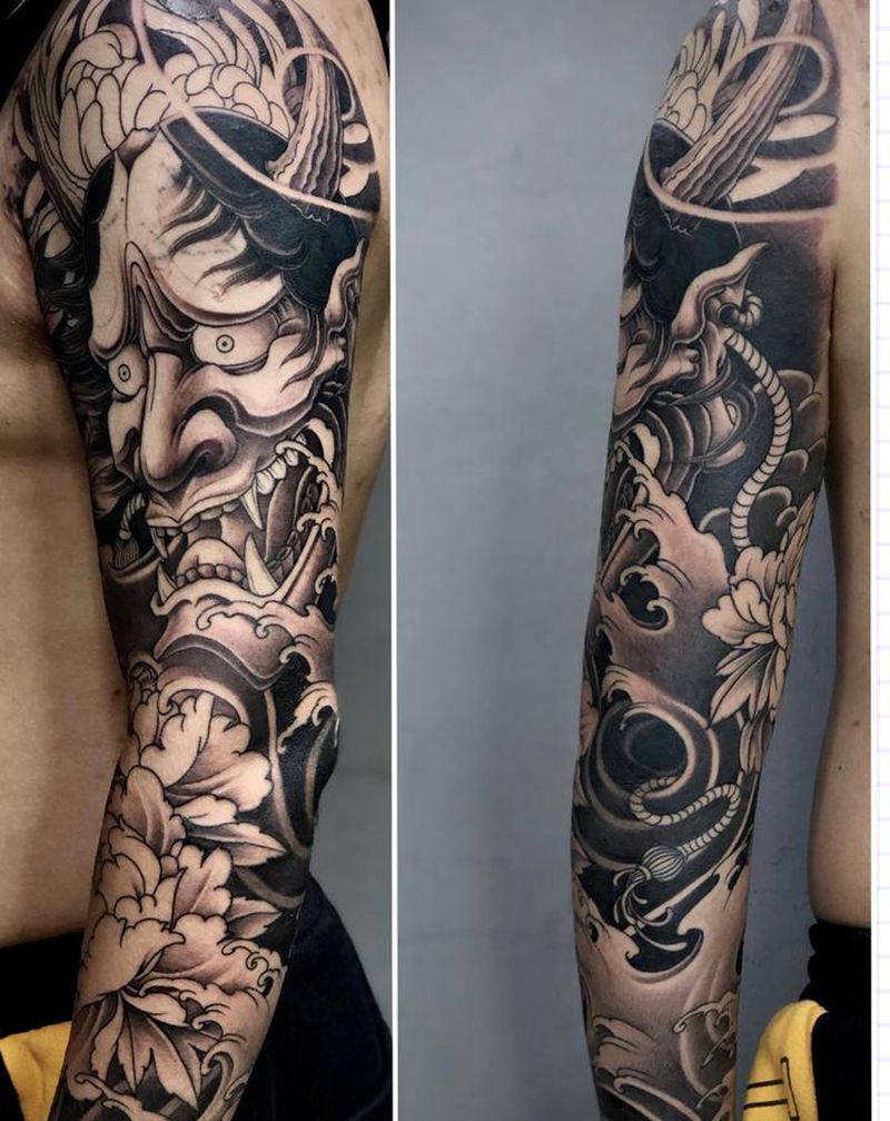 般若花臂纹身图片_手臂新传统纹身图案