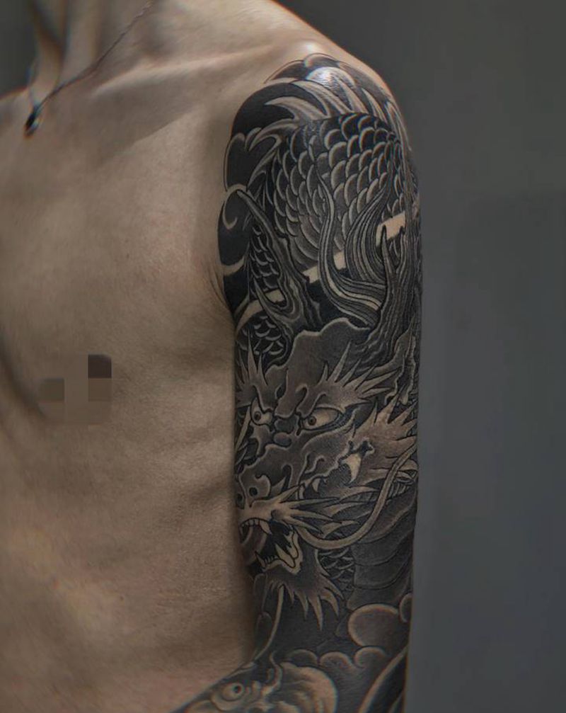 龙纹身图片_手臂老传统纹身图案