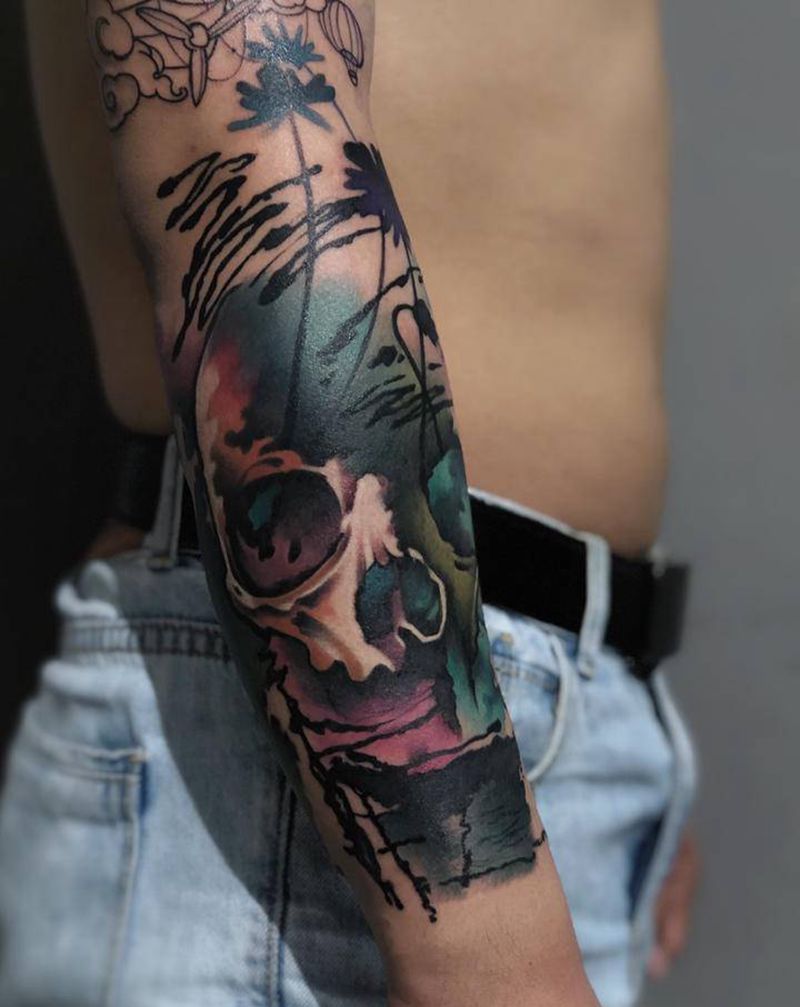 花臂未完成纹身图片_手臂水彩欧美写实纹身图案