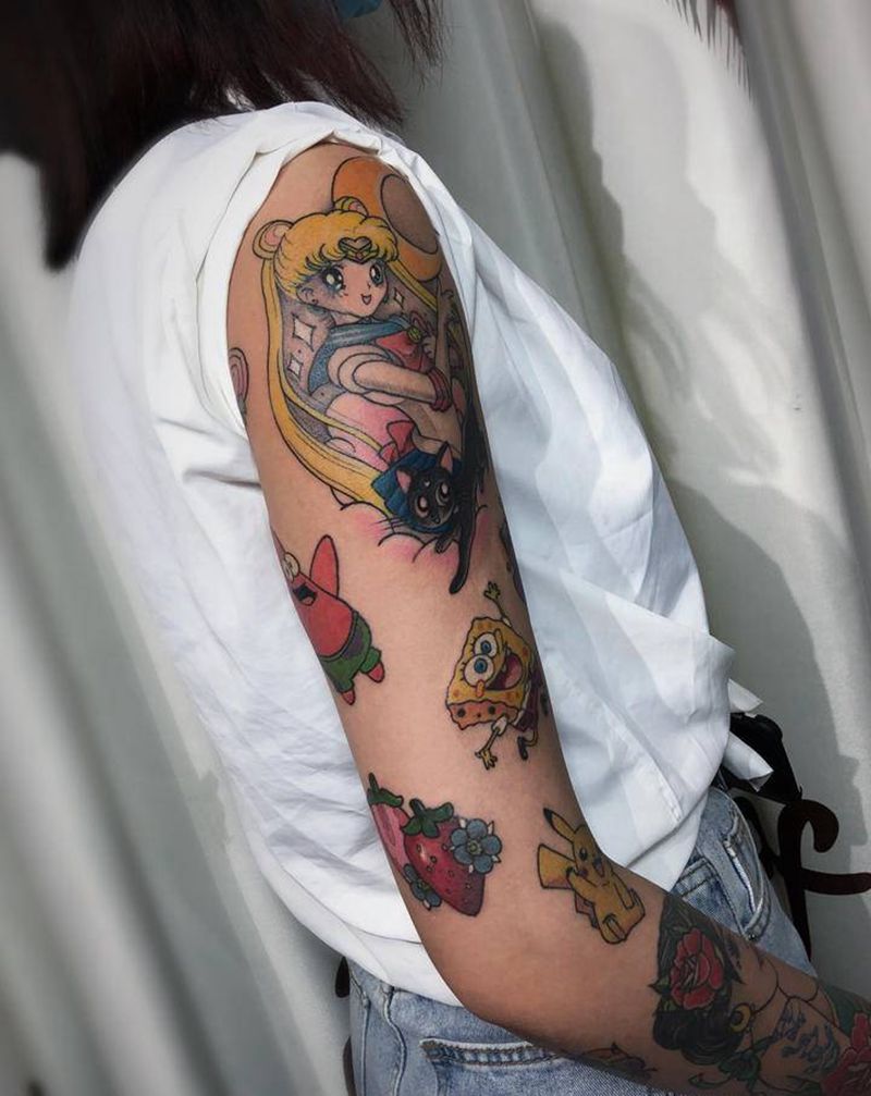 卡通拼接花臂纹身图片_手臂New School纹身图案