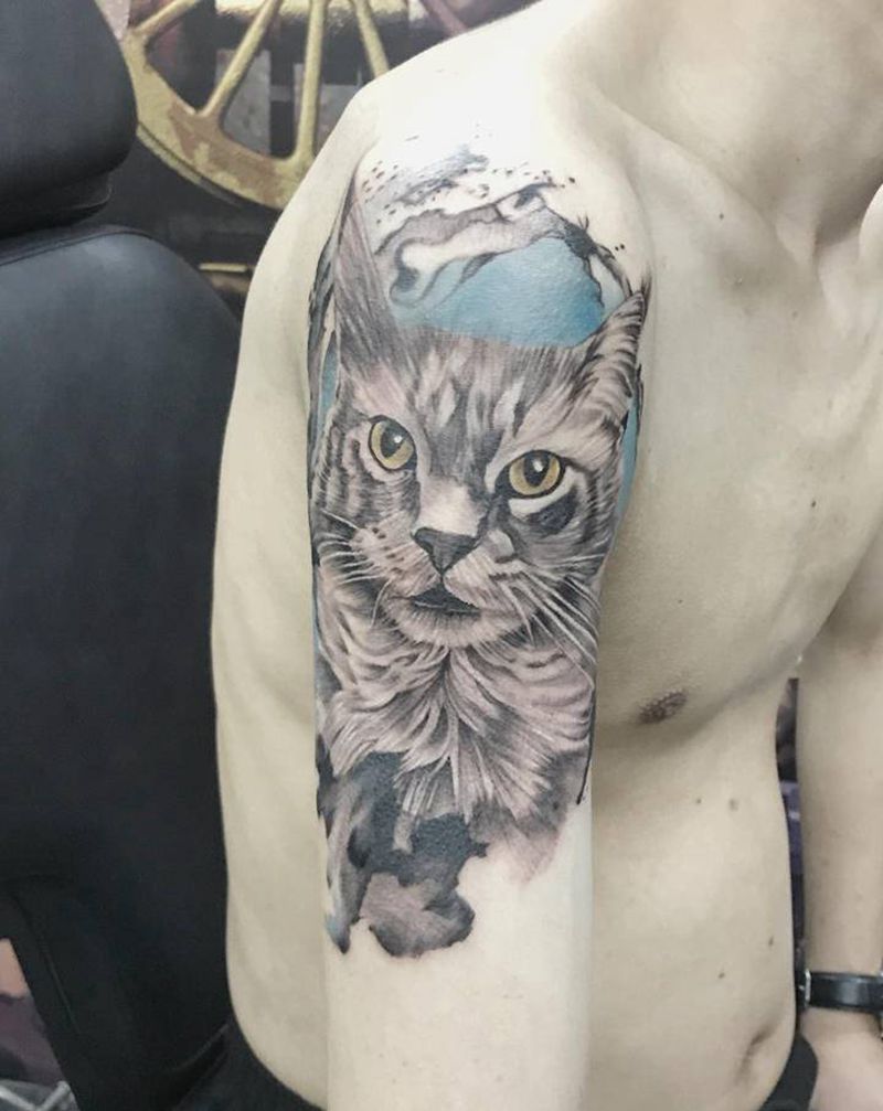 猫纹身图片_手臂欧美写实纹身图案