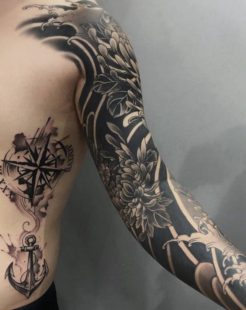 菊花花臂纹身图片_手臂新传统纹身图案