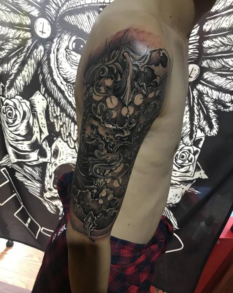 谛听纹身图片_手臂新传统纹身图案