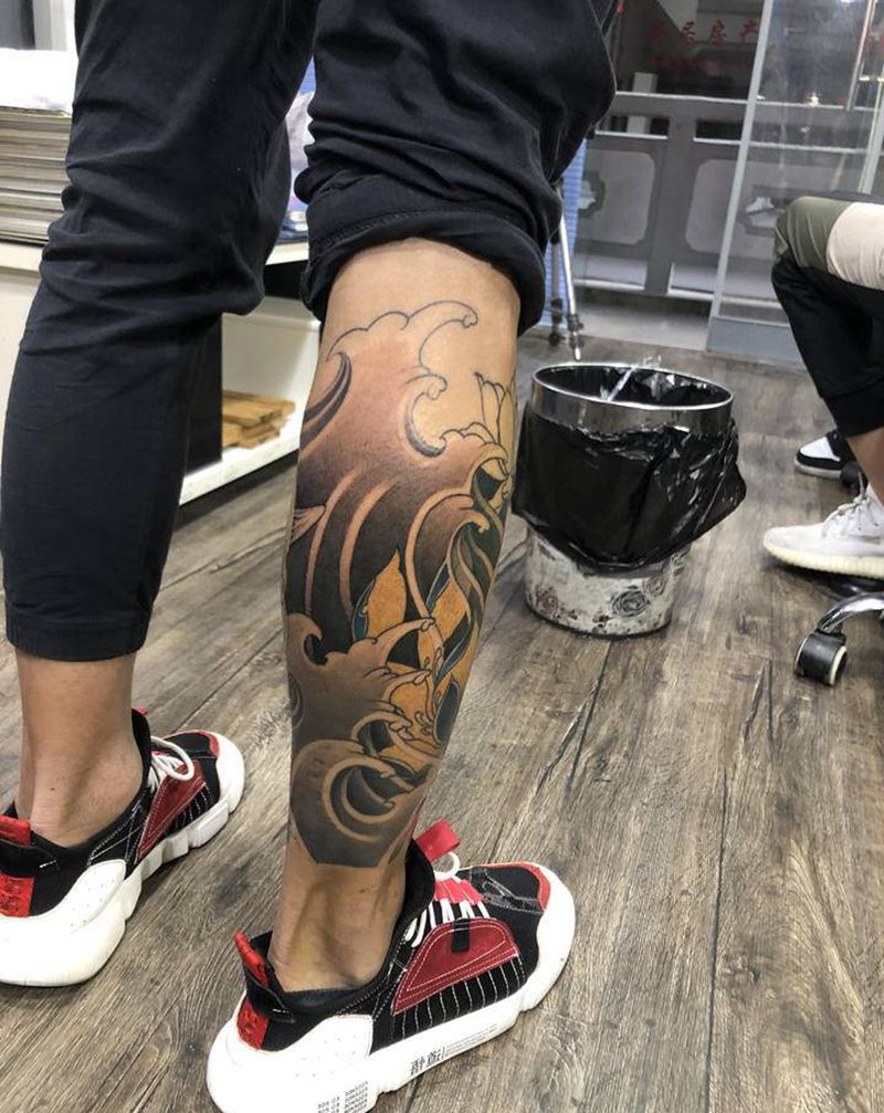 包小腿纹身图片_腿部新传统纹身图案