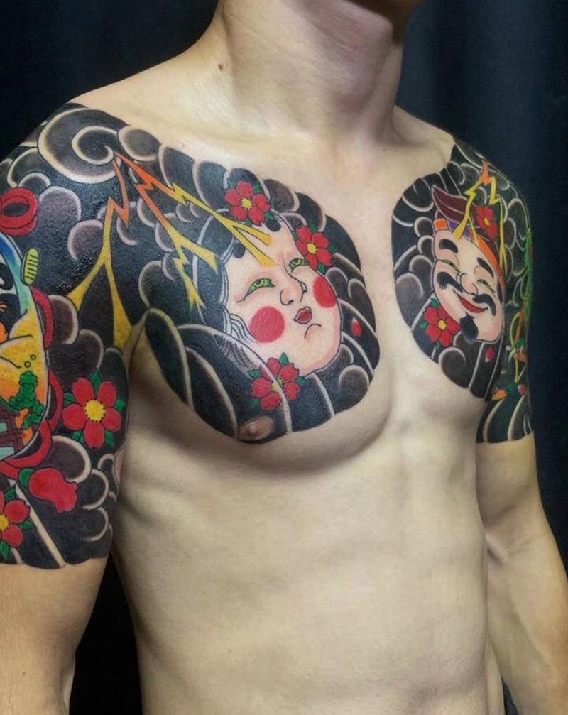 日式半胛纹身图片_胸部手臂老传统纹身图案