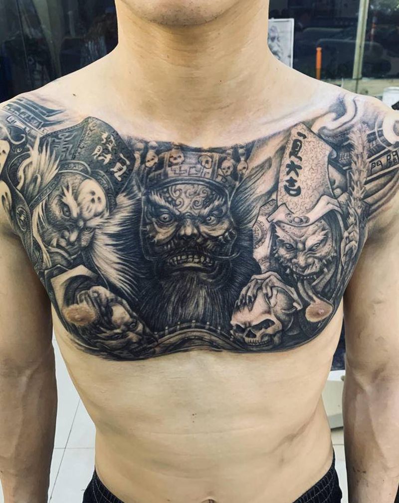 黑白无常纹身图片_胸部欧美写实新传统纹身图案