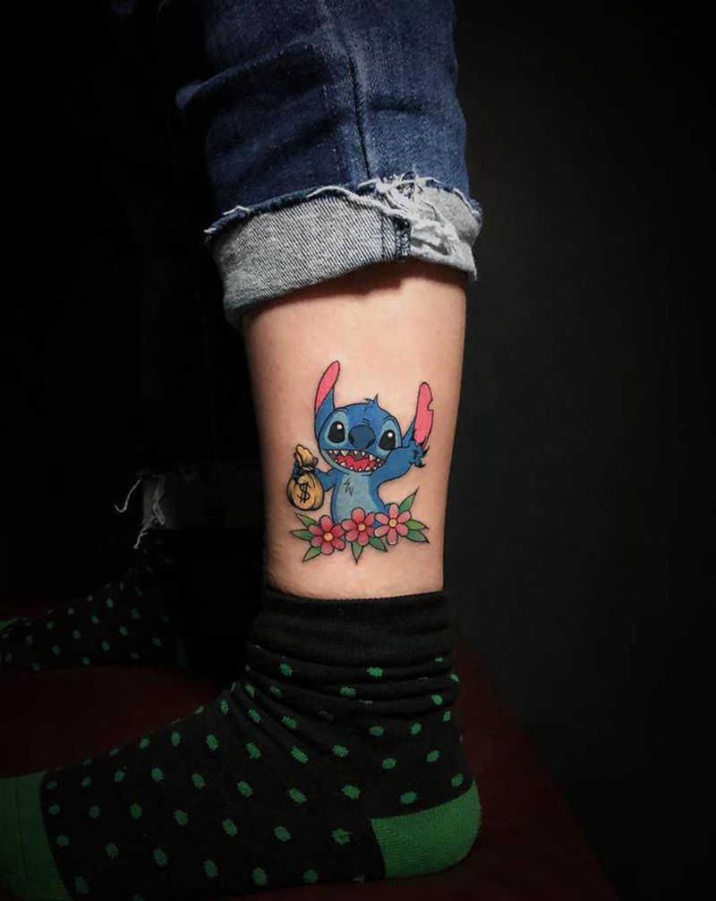 招财史迪奇纹身图片_腿部New School纹身图案