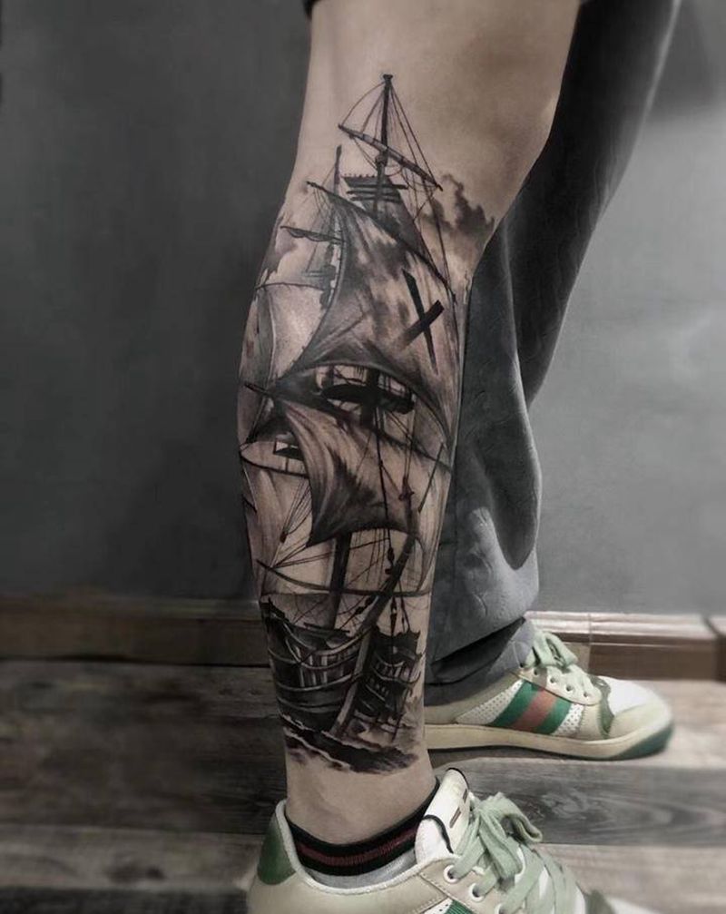 帆船纹身图片_腿部欧美写实帆船包小腿纹身图案
