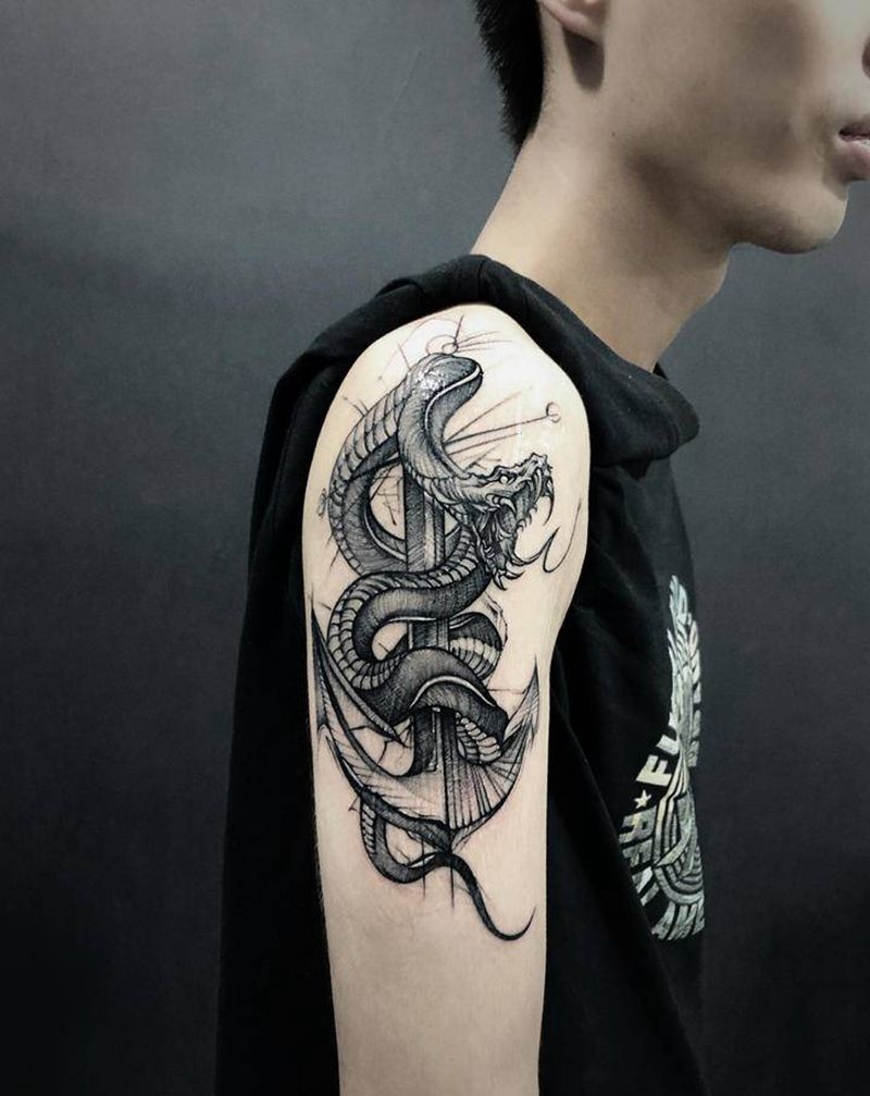 蛇 船锚纹身图片_手臂点刺暗黑纹身图案