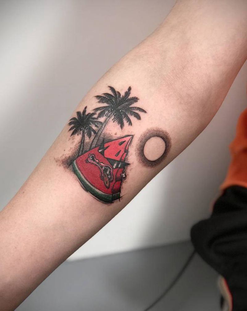 夏天吃槟榔纹身图片_手臂New School纹身图案